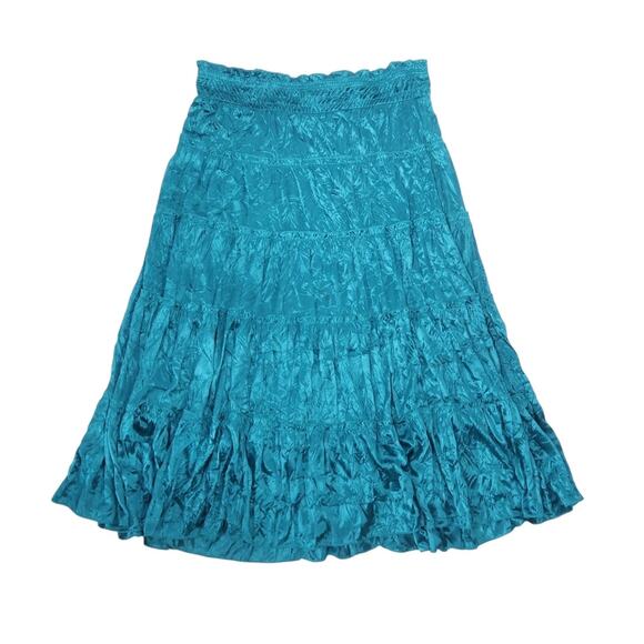 Vintage Y2K Teal Blue-Green Satin Smocked Tiered Peasant Midi Maxi Skirt XL - Picture 1 of 4